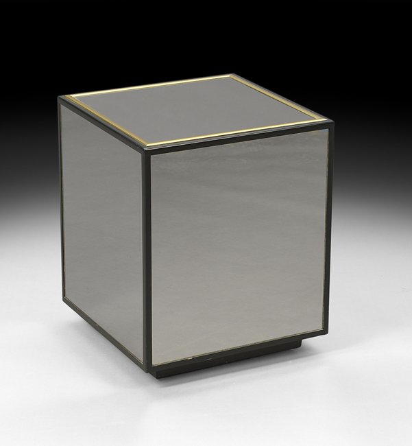 Contemporary Cube-Form Mirrored Side Table: Contemporary Cube-Form Mirrored Side Table, trimmed in brass and black metal, h. 19-1/2", w. 16", d. 16".