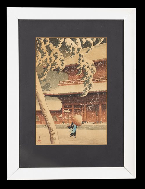 Kawase Hasui (Japanese, 1883-1957): Kawase Hasui (Japanese, 1883-1957), "Zojo-ji Temple in Shiba" from the series "Twenty Views of Tokyo", 1925, published by Watanabe Shozaburo, 14" x 9-1/4". Glazed, matted and framed.
