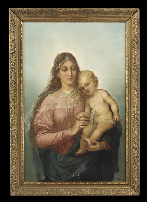 Continental School (Second Quarter 20th Century): Continental School (Second Quarter 20th Century), "Madonna and Child", oil on canvas, illegibly signed lower right, 35" x 23". Framed.