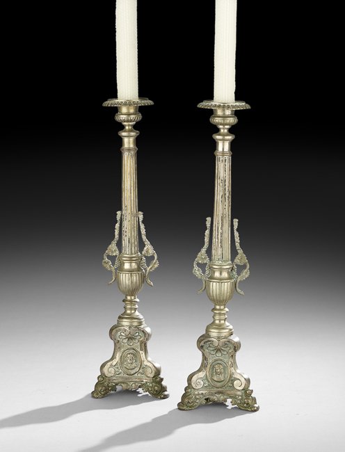 Pair of Italian Silvered Bronze Altar Sticks: Pair of Italian Silvered Bronze Altar Sticks, third quarter 19th century, now mounted as lamps, base, h. 22", overall, h. 39-1/2", dia. 5-1/2".
