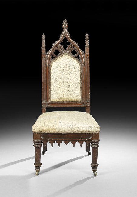 American Gothic Revival Walnut Sidechair: American Gothic Revival Walnut Sidechair, mid-19th century, with an arched crest adorned with crockets and quatrefoils, raised on tapering octagonal legs, h. 42-3/4".