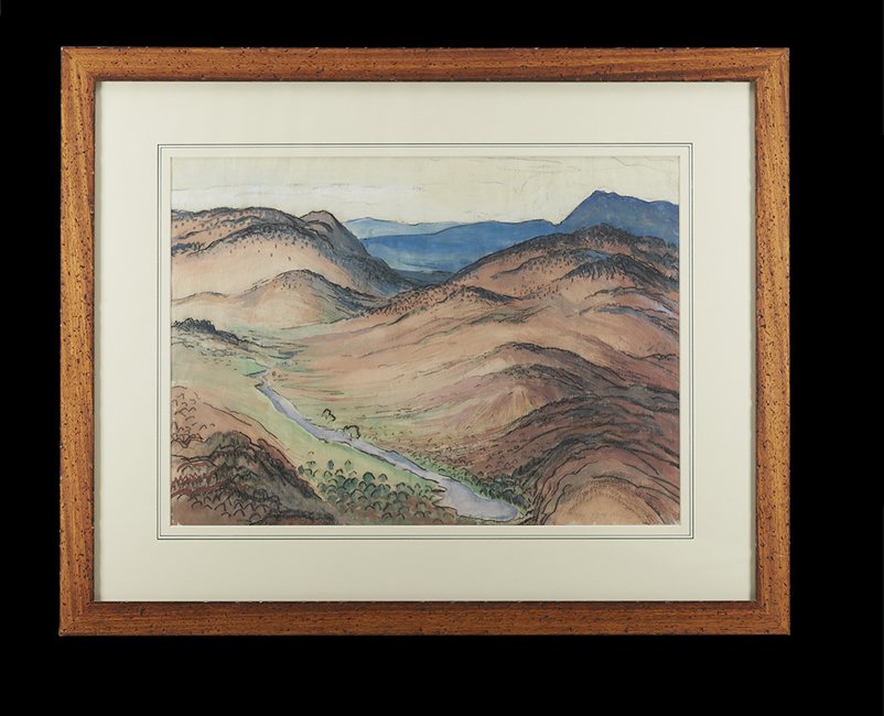 Karl Ferdinand Wolfe (US/Mississippi, 1904-1985): Karl Ferdinand Wolfe (American/Mississippi, 1904-1985), "Mountain Landscape", pastel and watercolor on paper, signed lower right, sight 15-3/4" x 21-1/2". Glazed, matted and framed.