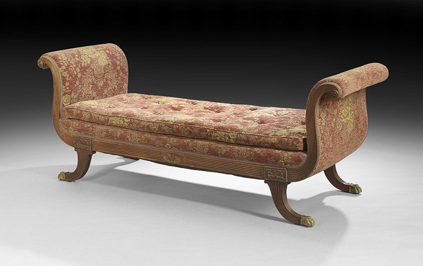 American Colonial Revival Window Seat: American Colonial Revival "Duncan Phyfe"-Style Mahogany Window Seat, second quarter 20th century, with brass paw feet, h. 30", w. 77", d. 26-1/2".