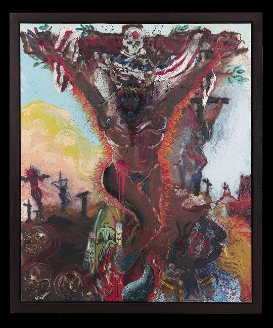 Peter Dean (American/New York, 1934-1993): Peter Dean (American/New York, 1934-1993), "Cherry Wood Crosses", 1983, oil on canvas, signed, titled and dated en verso, 80" x 66". Framed. Provenance: Purchased by the consignor from the Peter Dean