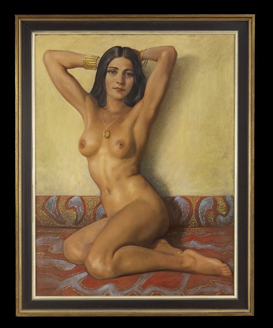 Marcel Renee von Herrfeldt (French, 1889-1965): Marcel Renee von Herrfeldt (French, 1889-1965), "Exotic Nude", oil on canvas, signed lower left, 42" x 31". Framed.