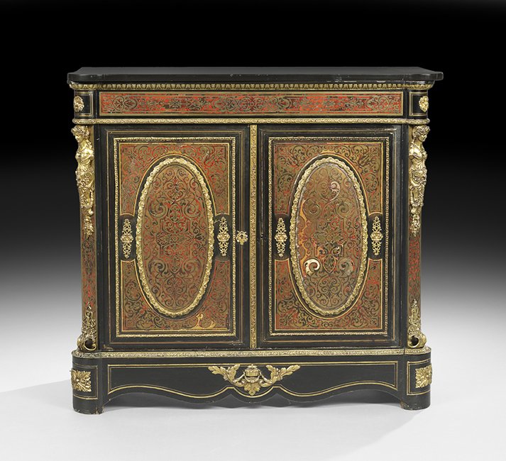 Napoleon III Bronze-Mounted Boulle Cabinet: Napoleon III Bronze-Mounted Boulle Cabinet, third quarter 19th century, inlaid with brass and tortoiseshell, and set with a black marble top, h. 42-1/2", w. 48", d. 16-3/4".