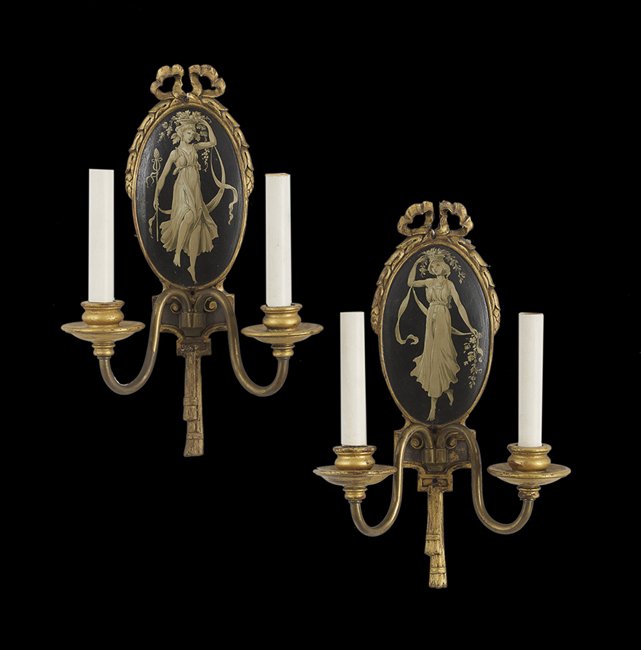 Pair of Edwardian Giltwood Two-Light Sconces: Pair of Edwardian Giltwood Two-Light Sconces, decorated with panels depicting "The Dancing Hours", h. 14", w. 9-3/4", d. 5".