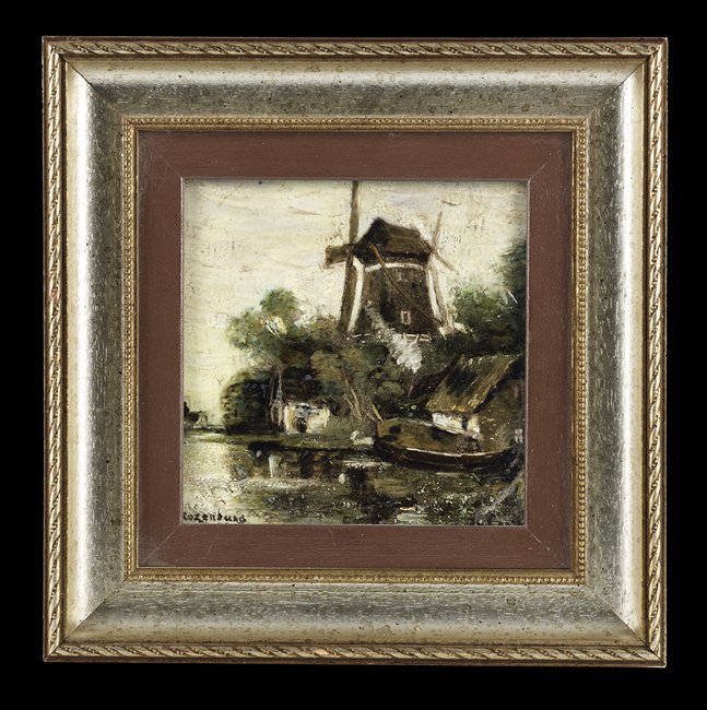 Pair of Rozenburg Pottery Impressionist Tiles: Pair of Framed Rozenburg Pottery Impressionist Tiles, ca. 1900, Dutch, one example depicting a windmill, and the other people trudging home in the snow, marked with molded "Rozenburg den Haag" on the 