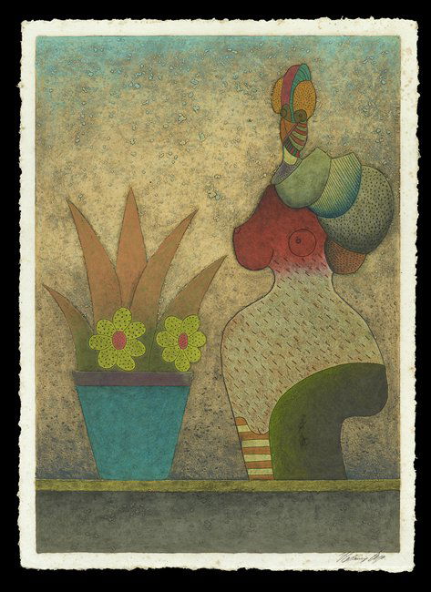 Vladimir Cora (American/Mexican, b. 1951): Vladimir Cora (American/Mexican, b. 1951), "Woman with Flower Pot", monotype, signed lower right, 39" x 29". Float-mounted and presented in an acrylic shadowbox frame. Provenance: B. Lewin Galleries,
