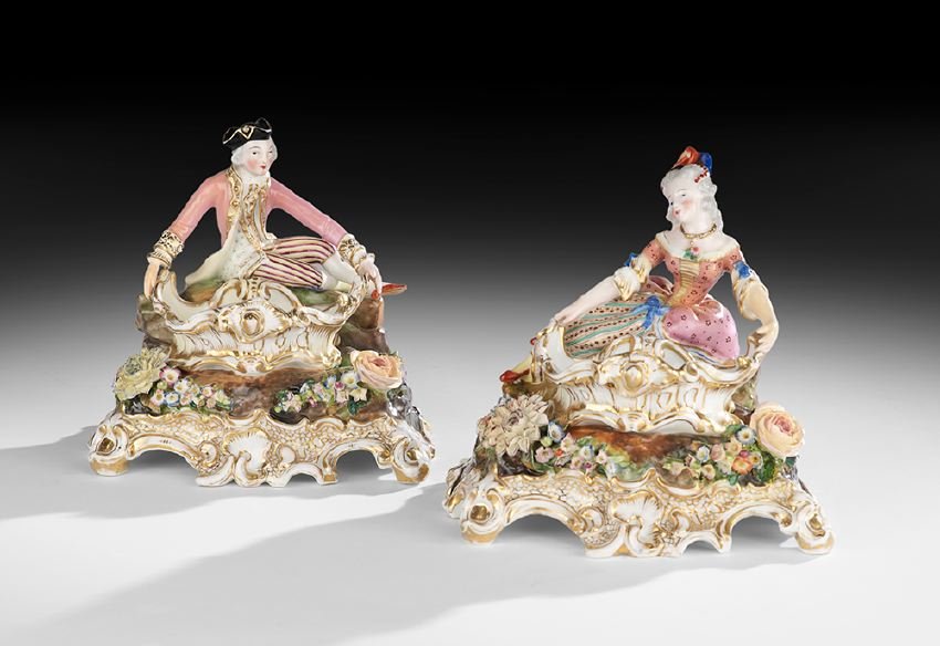 Pair of Jacob Petit Porcelain Sweet Meat Dishes: Pair of Signed Jacob Petit Porcelain Sweet Meat Dishes, mid-19th century, Paris, in the Meissen style, decorated with a couple in 18th-century costume holding rocaille-molded baskets, and encrusted fl