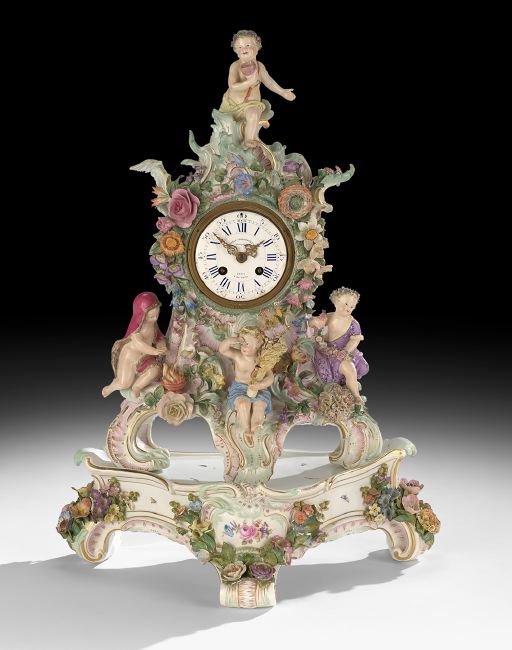 Meissen "Four Seasons" Figural Clock and Stand: Meissen Porcelain "Four Seasons" Figural Clock and Stand, German, the movement French, ca. 1860-1922, on a tripartite stand decorated with sculpted flowers and hand-painted flowers and insects, the ro