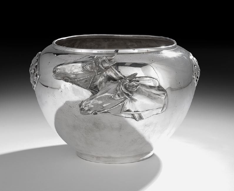 German Jugendstil Silverplate Jardiniere: German Jugendstil Silverplate Jardiniere, first quarter 20th century, by J. P. Kayser & Sohne, Krefeld, of squat baluster form, with large applied medallion of two horse's heads in relief, between two