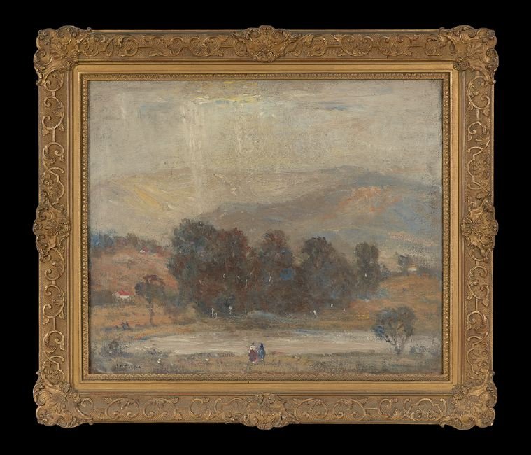 Continental School (First Quarter 20th Century): Continental School (First Quarter 20th Century), "Landscape with Figures by a Forest", oil on canvas, illegibly signed lower right, 25" x 30". Framed.