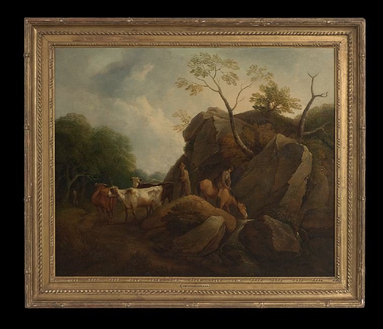 Follower of Gainsborough (British, 1727-1788): Follower of Thomas Gainsborough (British, 1727-1788), "A Drover and His Cattle with a Traveler on Horseback", oil on canvas, 25" x 31". Framed.