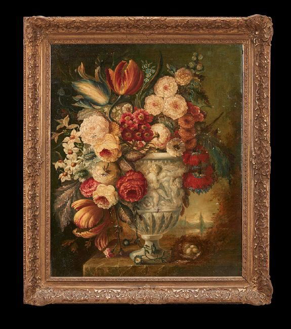 Dutch School (First Quarter 19th Century): Dutch School (First Quarter 19th Century), "Still Life of Peonies, Roses and Tulips in a Carved Stone Urn, with Insects and a Bird's Nest", oil on canvas, unsigned, 32" x 25-3/4". Framed.