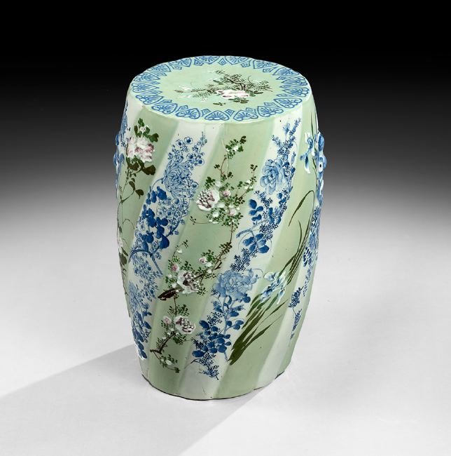 Japanese Porcelain Garden Seat: Japanese Porcelain Garden Seat, 20th century, the celadon seat decorated with a floral motif, unmarked, h. 19-1/2", w. 12-1/4".