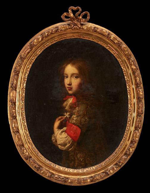 Circle of Pierre Mignard (French, 1612-1695): Circle of Pierre Mignard (French, 1612-1695), "Portrait of a Court Youth", oval oil on canvas, 27-1/2" x 22". Presented in a handsome antique giltwood and gesso frame.