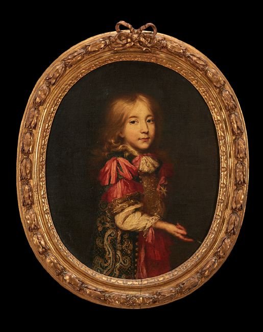 Circle of Pierre Mignard (French, 1612-1695): Circle of Pierre Mignard (French, 1612-1695), "Portrait of a Court Youth", oval oil on canvas, 28" x 22". Presented in a handsome antique giltwood and gesso frame.