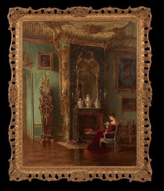 Continental School (Fourth Quarter 19th Century): Continental School (Fourth Quarter 19th Century), "Reading in the Salon", 1878, oil on canvas, signed "G. Seckendutt" and dated, 25" x 19-1/2". Presented in a carved and pierced giltwood frame.