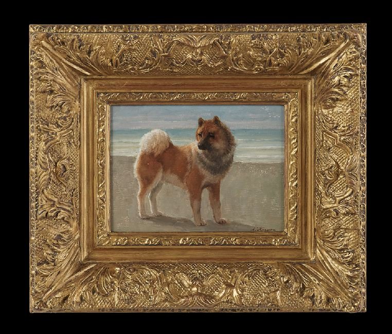 Anton Karssen (Dutch, b. 1945): Anton Karssen (Dutch, b. 1945), "Portrait of a Dog on the Beach", oil on board, signed lower right, 7-1/2" x 9-1/4". Handsomely framed.
