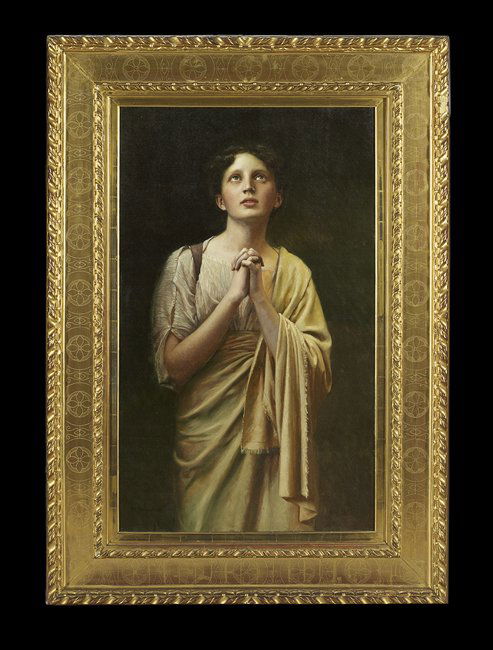 Max Nonnenbruch (German, 1857-1922): Max Nonnenbruch (German, 1857-1922), "Christian in Prayer/Christin im Gebet", oil on canvas, signed, 42-3/8" x 25-3/8", verso with an exhibition label and numerous inscriptions on stretcher. Presented