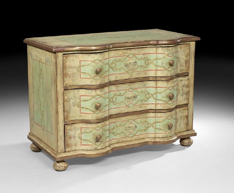 Continental Polychrome Commode: Continental Polychrome Commode, late 19th century and later, the top with a double bowed front and molded edge, centered by a panel with a central landscape medallion, above a conforming case fitted w