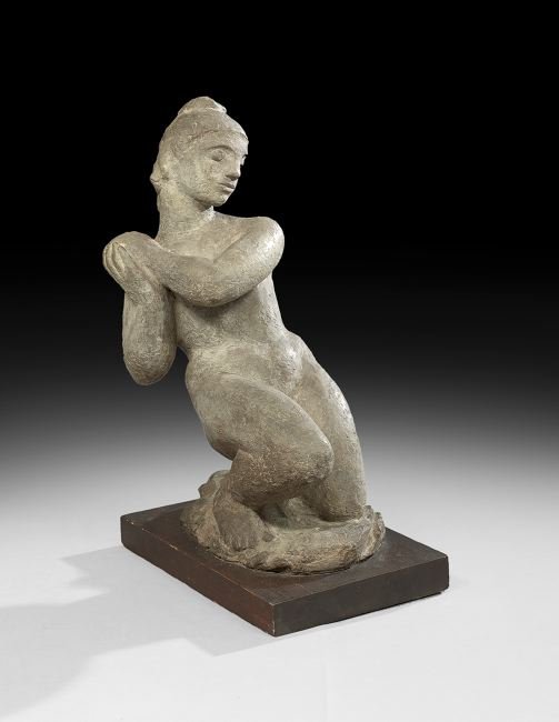 Irma Rothstein (Russian/American, 1896-1971): Irma Rothstein (Russian/American, 1896-1971), "Woman in Prayer", terracotta sculpture, signed at front edge of self-base, on a wooden plinth, h. 23-1/4", w. 10", d. 15-1/4".