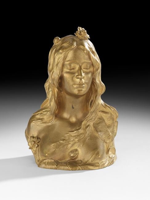 Art Nouveau Gilt-Bronze of "Ophelia": Art Nouveau Gilt-Bronze of "Ophelia", ca. 1900, after Leopold Pierre Antoine Savine (French, 1861-1934), cast signature at proper right shoulder, a "Louchet/Ciseleur/Paris" foundry mark at right trunc