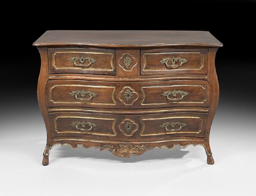 Regence Walnut Commode: Regence Walnut Commode, late 18th century and later, the rectangular top with a serpentine front, above a bombe case fitted with two short drawers over two long drawers, all paneled, raised above a sh