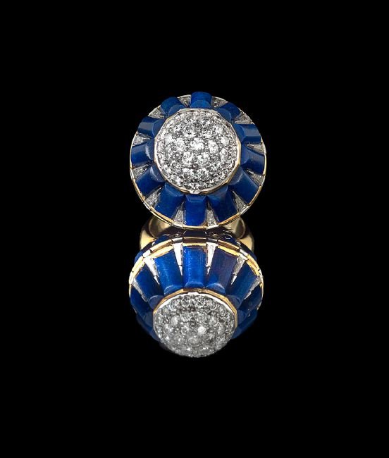 Vintage "Blancpain, Cartier" Watch Ring: Vintage "Blancpain, Cartier" Eighteen-Karat Yellow Gold, Platinum, Diamond and Lapis Lazuli Watch Ring, 1960's, the custom hand-fabricated ring with a platinum dome lid, pave-set with thirty-seven rou