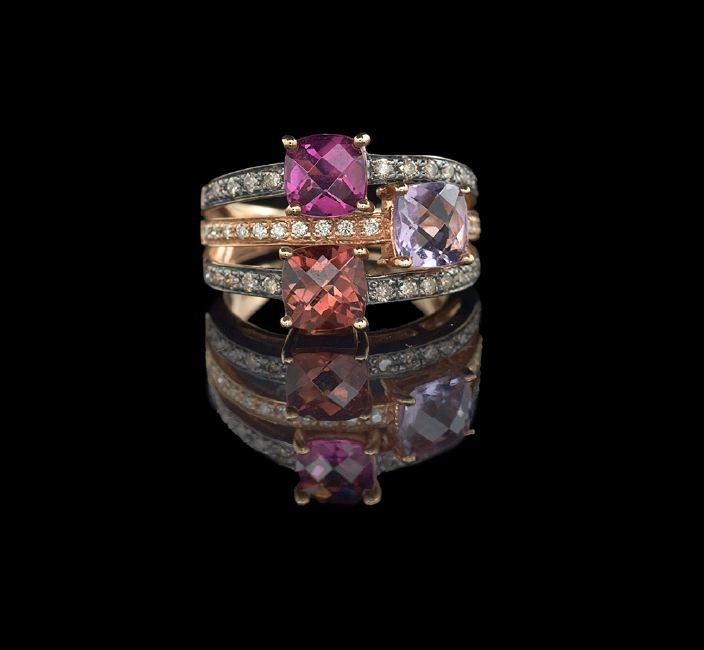Le Vian Gold, Diamond, Amethyst and Garnet Ring: Le Vian Fourteen-Karat Rose Gold, Chocolate/White Diamond, Amethyst and Garnet Ring, set with two cushion-cut garnets, with an approximate total weight of 1.50 carats, a cushion-cut amethyst, with an