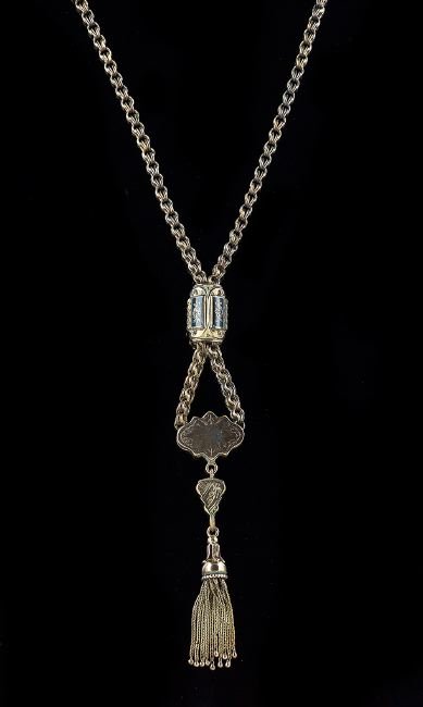 Victorian Tassel Pendant with Slides: Victorian Ten-Karat Yellow Gold Chain and Tassel Pendant with Two Gold-Filled Slides, the ten-karat yellow gold inverted double link cable chain with a tubular gold-filled and black enamel slide and a