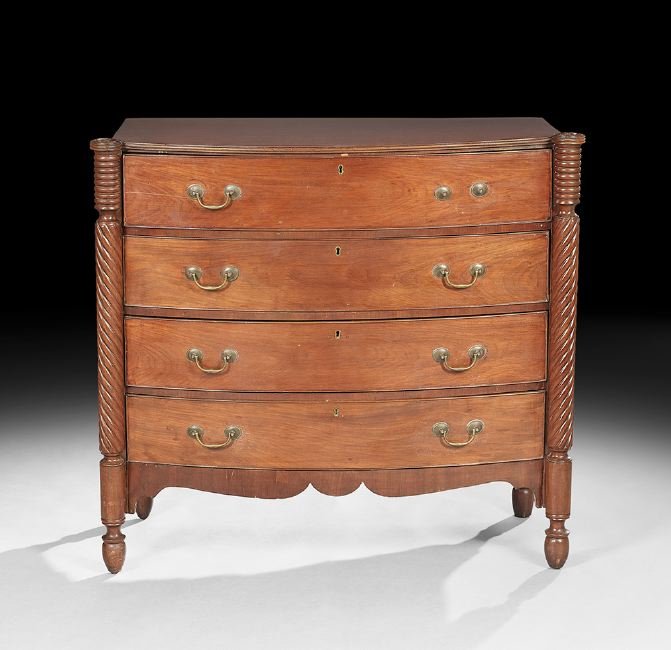 American Federal Mahogany Chest: American Federal Mahogany Chest in the Sheraton Taste, first quarter 19th century, New England, the top with ovolo corners over four beaded drawers flanked by spiral-reeded columns, and with a scallop