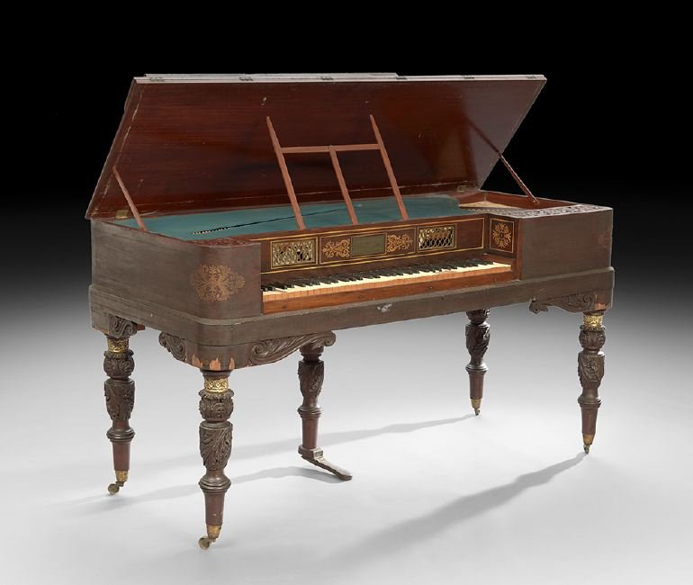American Classical Gilt-Stenciled Mahogany Piano: American Classical Gilt-Stenciled Mahogany Piano, ca. 1825, with the label of "C. F. L. Albrecht, Philadelphia", the rectilinear case with scroll- and foliate-carved brackets, on legs with like carvin