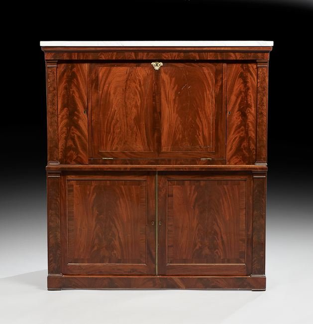 American Classical Mahogany Secretary Abattant: American Classical Mahogany Secretary Abattant, first quarter 19th century, New York, possibly Duncan Phyfe, the marble top on a case with a fall front with a pair of paneled doors, opening to reveal