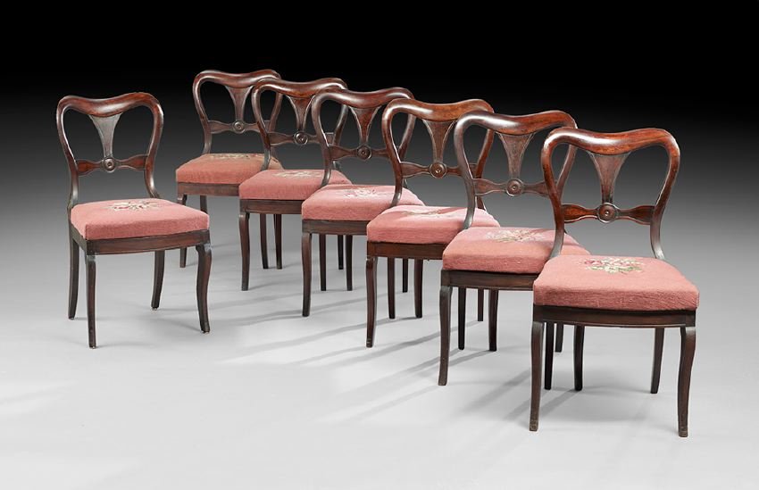 Seven American Late Classical Dining Chairs: Suite of Seven American Late Classical Mahogany Dining Chairs, second quarter 19th century, attributed to Duncan Phyfe and Son, New York, each with a pinched waist and lotus-form splat centered by a r