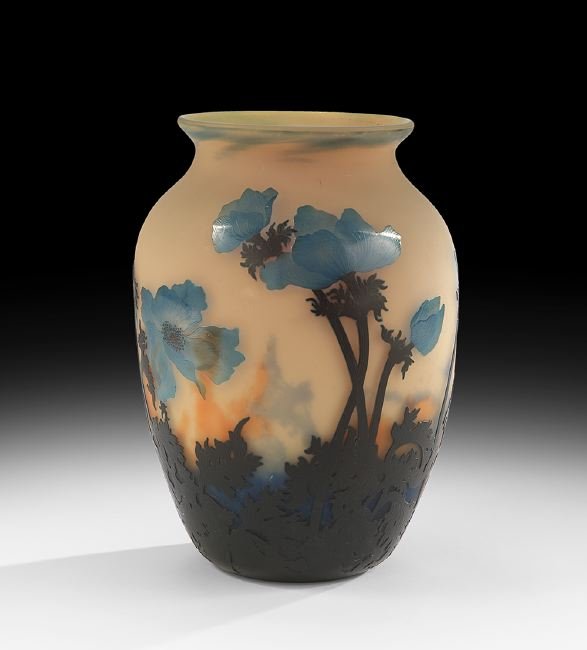 Muller Freres Luneville Cameo Glass Vase: Muller Freres Luneville Cameo Glass Vase, first quarter 20th century, French, decorated with blue flowers and black foliage on a mottled melon ground, with a ground pontil on the bottom, signed "Mulle