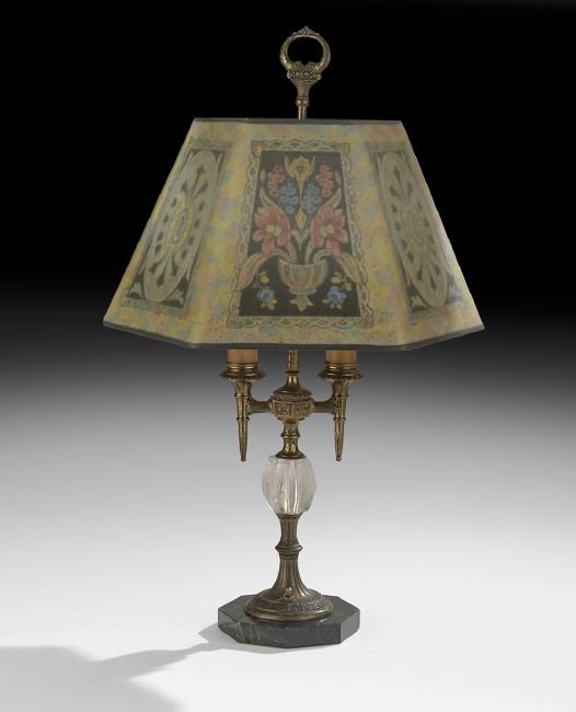 Reverse-Painted Glass Table Lamp: Reverse-Painted Glass Table Lamp with a Directoire-Style Shade, first quarter 20th century, attributed to Pairpoint, New Bedford, Massachusetts, the base with a marble plinth holding a patinated metal