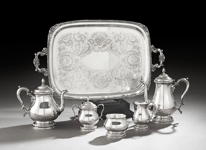 5-Piece International "Prelude" Silver Tea Set: Five-Piece International "Prelude" Sterling Silver Tea and Coffee Set with Silverplate Tray, the pattern designed in 1939 by Alfred Grover Kintz (1885-1963), Meriden, Connecticut, including a coffeepo