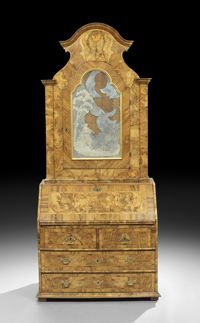 Dutch Walnut Secretary: Dutch Walnut Secretary, early 19th century, the molded domed cornice above a deep frieze and a single domed door, inset with an etched mirrored panel depicting a shepherd and his flock, the lower sect