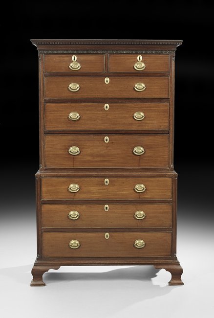 George III Mahogany Secretary Chest: George III Mahogany Secretary Chest, fourth quarter 18th century, the molded and dentillated cornice above a blind fret-carved frieze, over two short drawers and three graduated long drawers, the lowe