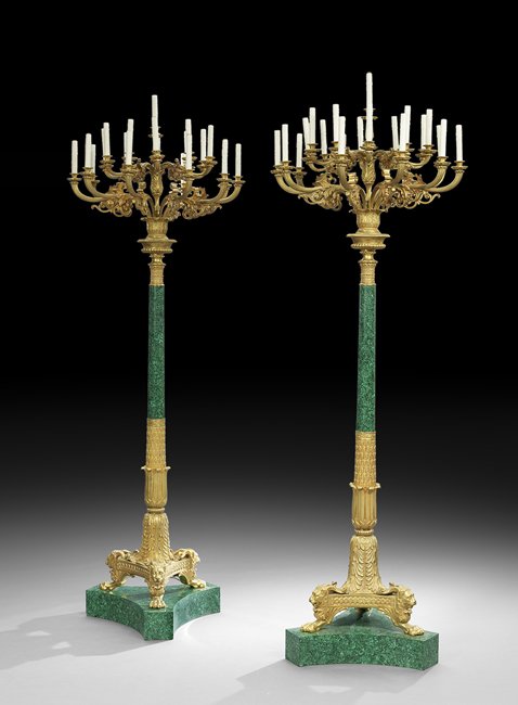 Large Pair of Gilt-Bronze and Malachite Torcheres (1 of 2)