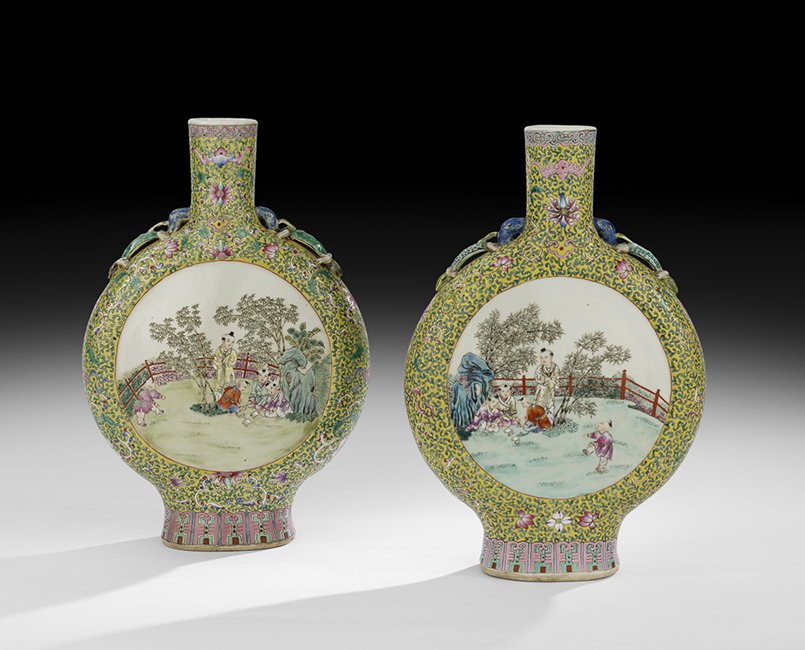 Pair of Chinese Famille Jaune Moon Flasks (1 of 2)