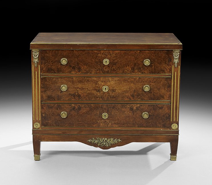 Empire-Style Mahogany and Burl Commode: Empire-Style Mahogany and Burl Commode, 19th century, the rectangular top within a gilt banding, above a conforming case fitted with three drawers, all with highly figured veneers, flanked to either s