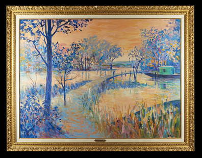 Bernard Taurelle (French, b. 1931): Bernard Taurelle (French, b. 1931), "La Passerelle", oil on canvas, signed lower right, 38" x 53". Presented in an attractive polychrome frame affixed with artist plaque.