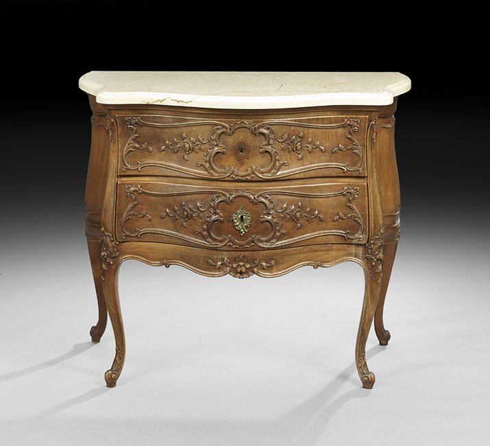 Louis XV-Style Carved Fruitwood Commode: Louis XV-Style Carved Fruitwood Commode, fitted with two drawers and a composite marble top, h. 33", w. 37", d. 16".