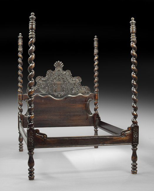 Rococo-Style Stained Hardwood Four-Poster Bed (1 of 2)