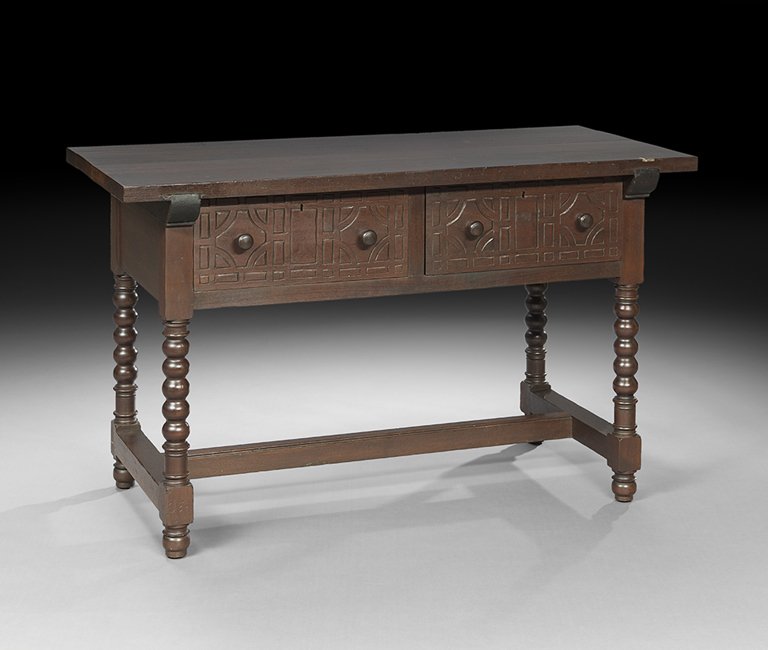 Jacobean-Style Mixed Woods Stretcher Table (1 of 2)