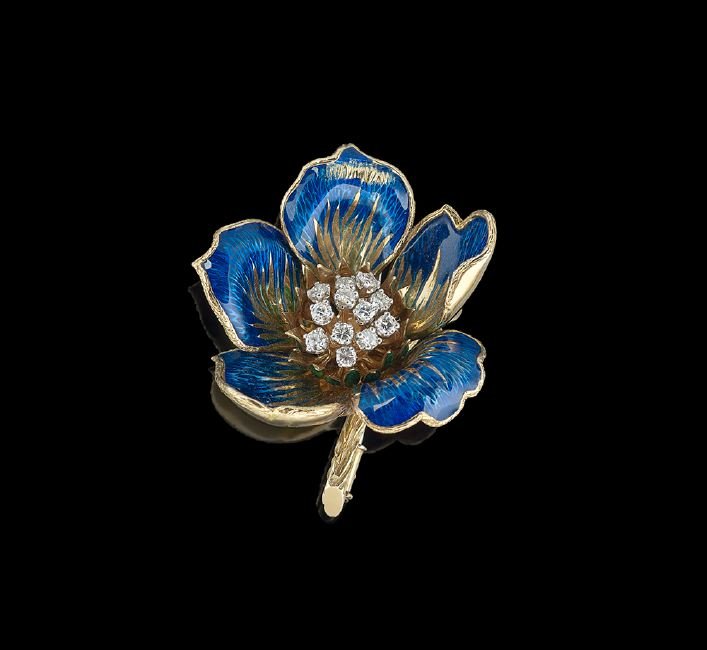 18 Kt. Gold, Blue Enamel and Diamond Flower Pin (1 of 1)