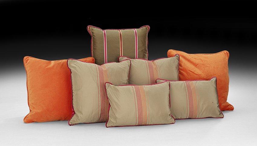 Group of Seven Tan, Orange and Cerise Pillows (1 of 1)